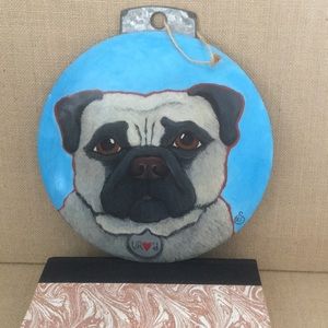 Dog Painted on large tin hanging ornament,8” round